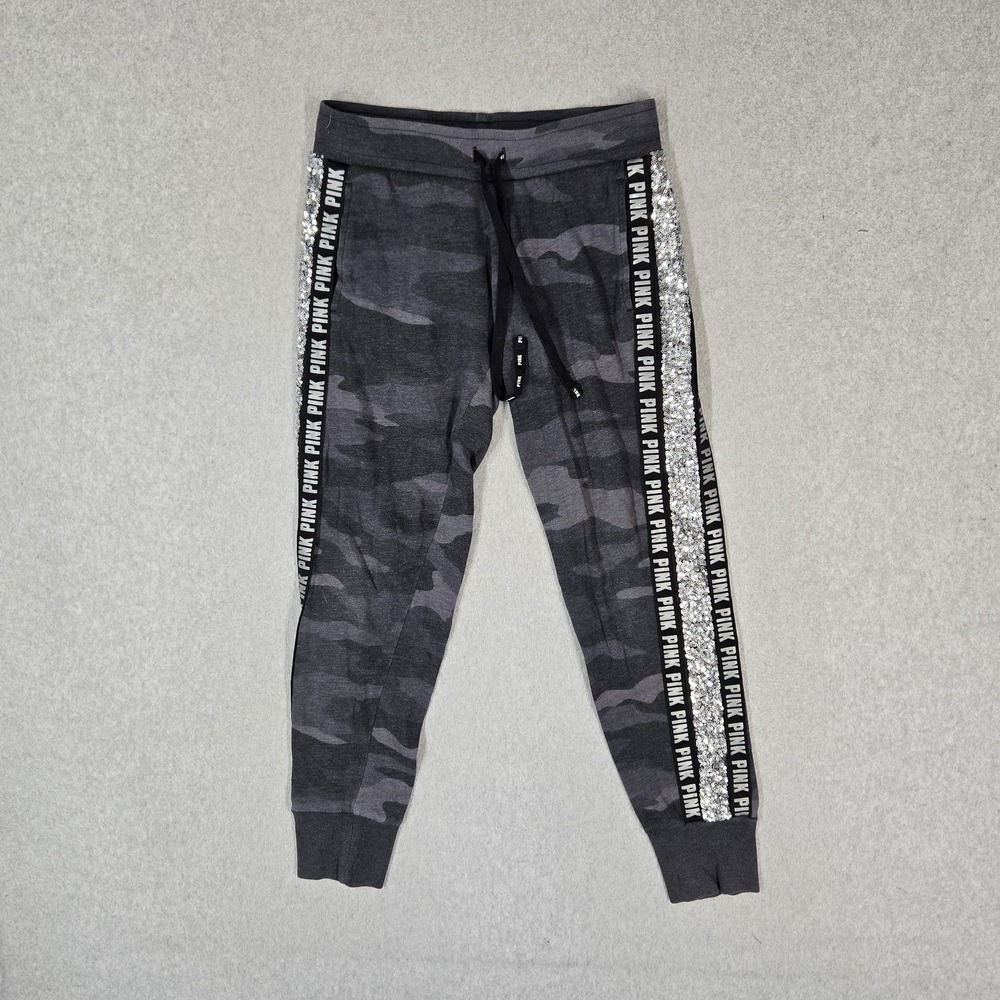 PINK Victoria's Secret Women Activewear Pants XS Gray Camo Jogger Bling Sequin